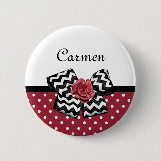 Badge Rond 5 Cm Pois rouge et blanc mignon Rose Chevron Bow (Devant)