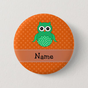 Badge Rond 5 Cm Pois vert nommé personnalisé d'orange de hibou