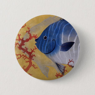 Badge Rond 5 Cm Poisson bleu tropical vintage corail marin vie océ