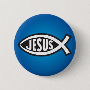 Badge Rond 5 Cm Poisson Jésus Symbole Secret Ichthys ΙΧΘΥΣ Bleu