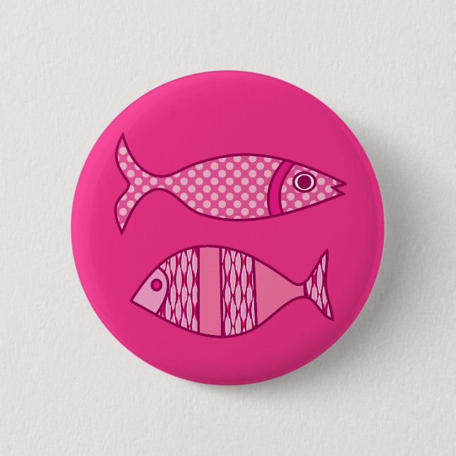 Badge Rond 5 Cm Poisson Moderne Rétro, Fuchsia, Rose Clair, Rose P (Devant)