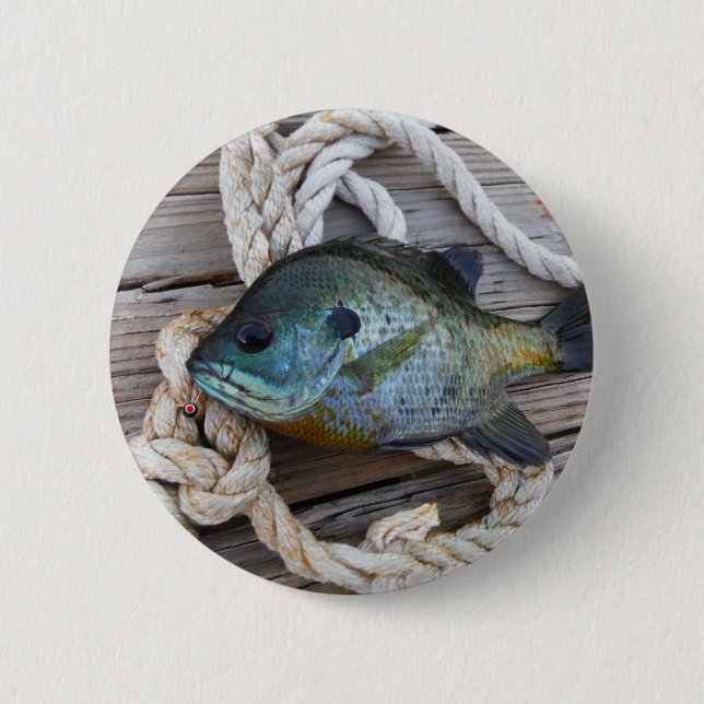 Badge Rond 5 Cm Poisson rouge sur quai et corde (Devant)
