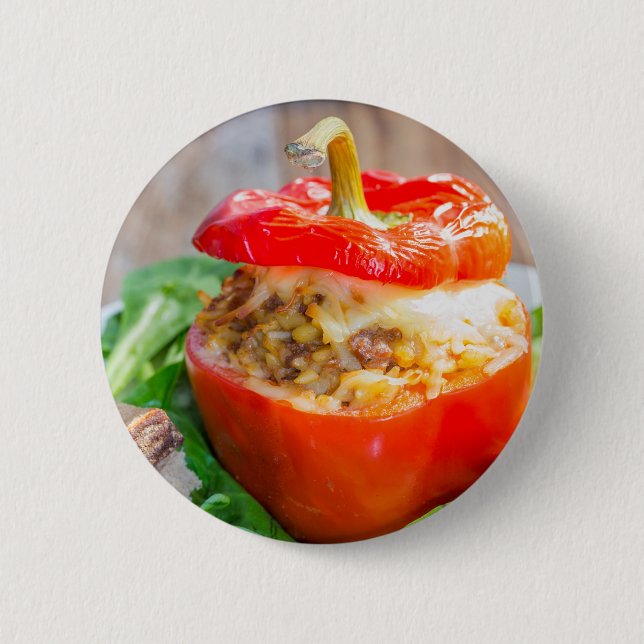Badge Rond 5 Cm Poivrons farcis cuits au four avec sauce viande et (Devant)