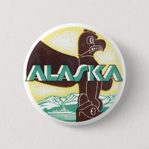 Badge Rond 5 Cm Pôle Totemique Vintage Voyage Alaska Aigle Oiseau
