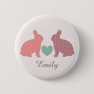 Badge Rond 5 Cm Polka Dot Bunnies Rose Personnalisé