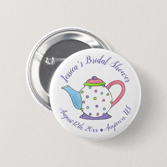 Badge Rond 5 Cm Polka Dot Teapot Après-Midi Tea Baby shower (Devant & derrière)
