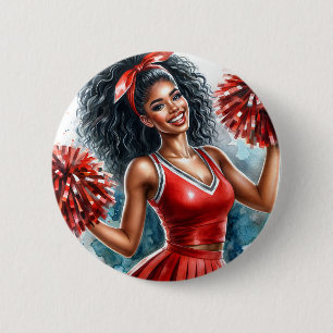 Badge Rond 5 Cm Pom-pom girl Afro-Américain En Aquarelle Rouge