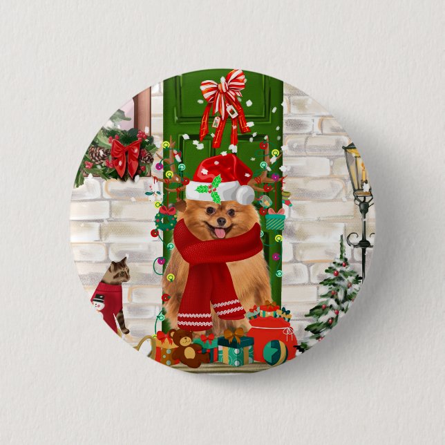 Badge Rond 5 Cm Pomeranian Dog Christmas (Devant)