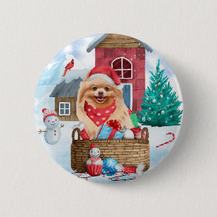 Badge Rond 5 Cm Pomeranian Dog In snow Christmas Dog House 