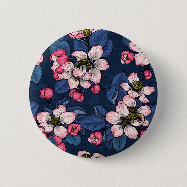 Badge Rond 5 Cm Pomme fleurit sur un bleu foncé (Devant)