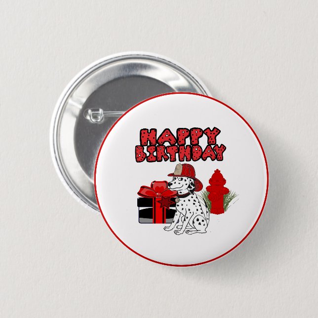Badge Rond 5 Cm Pompier Chien Dalmatien Hydrant d'incendie Anniver (Devant & derrière)