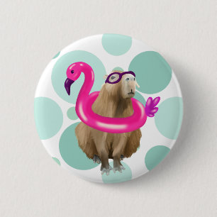 Badge Rond 5 Cm Pool Party Cute Capybara Avec Flotte Flamant rose