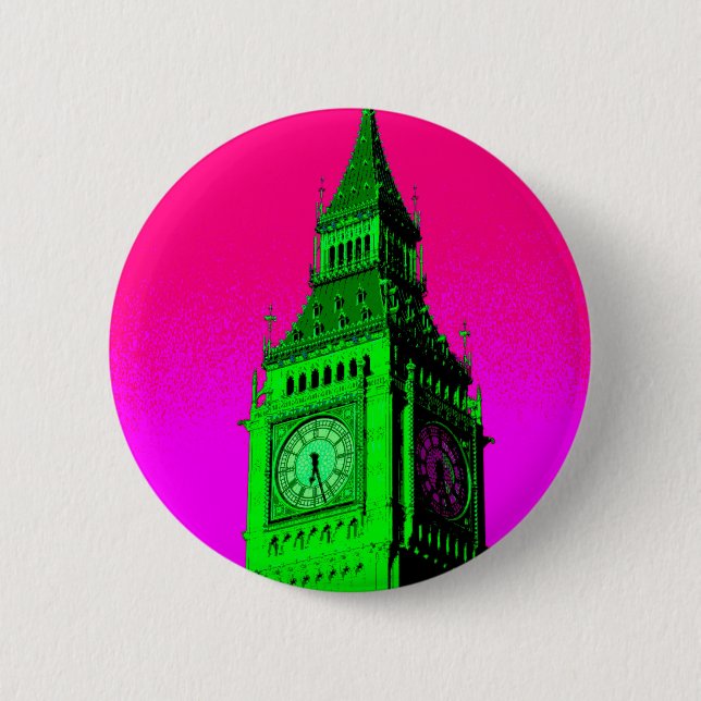 Badge Rond 5 Cm Pop Art Big Ben Londres Voyage rose Vert (Devant)
