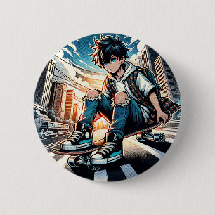 Badge Rond 5 Cm Pop Art Boy sur Skateboard en ville