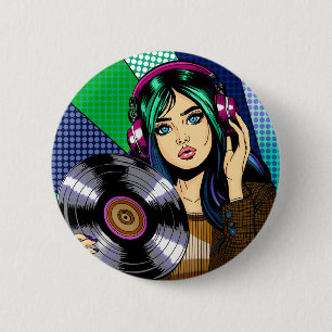Badge Rond 5 Cm Pop Art Girl with Record