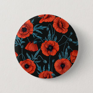 Badge Rond 5 Cm Poppies, rouge et bleu sur noir