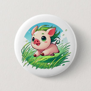 Badge Rond 5 Cm Porte adorable avec poils verts courant