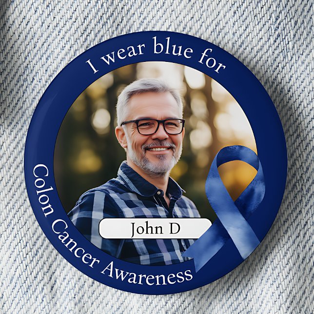 Badge Rond 5 Cm Portez le bleu pour la photo de sensibilisation au (I wear blue for Colon Cancer Awareness.  Blue awareness ribbon photo pinback button.)