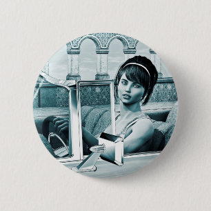 Badge Rond 5 Cm Portrait d'art de femme glamour bleu vintage
