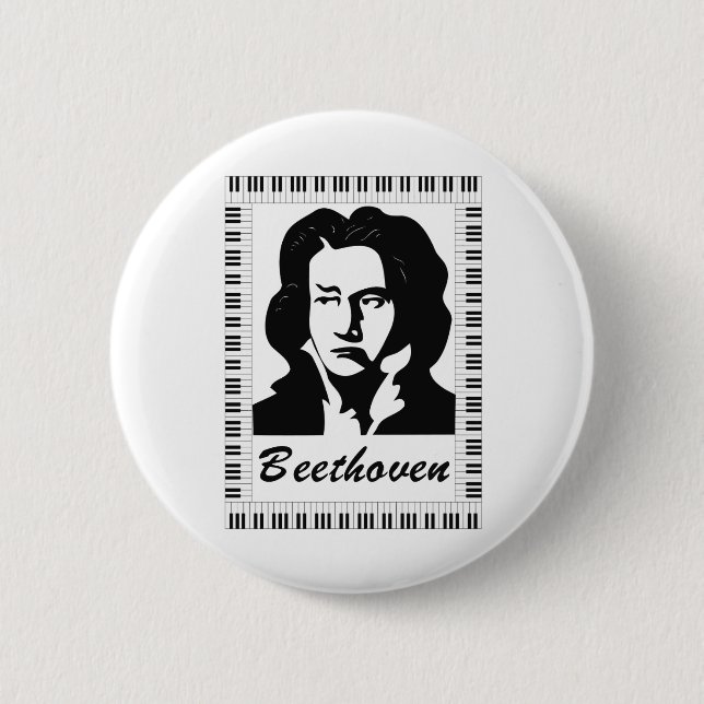 Badge Rond 5 Cm portrait de Beethoven avec cadre de clé de piano (Devant)