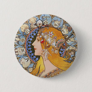 Badge Rond 5 Cm Poster Mucha Art Nouveau - Zodiac - La Plume