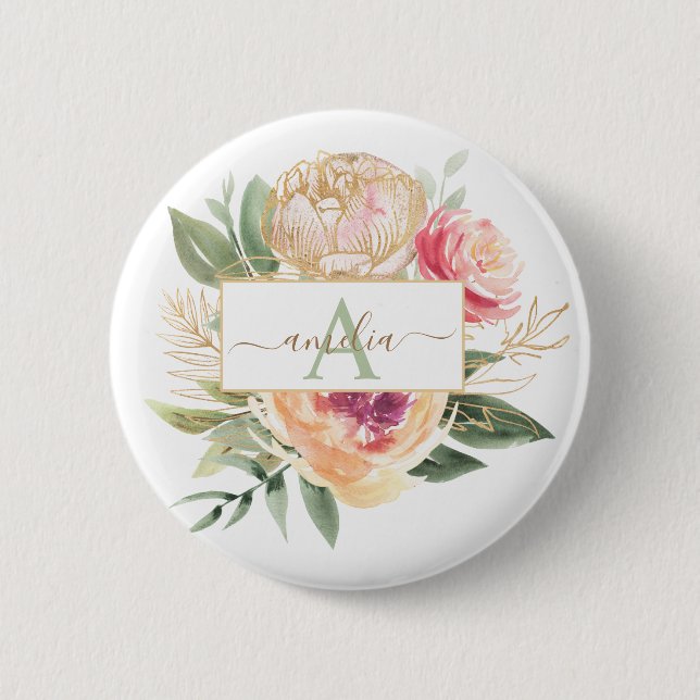 Badge Rond 5 Cm Poudre de pivoine et d'or Foil Bloom Monogramme No (Devant)