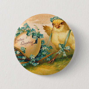 Badge Rond 5 Cm Poulet vintage avec chariot d'oeufs de Pâques