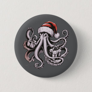 Badge Rond 5 Cm Poulpe de Noël Fête Chapeau de Père Noël Xmas