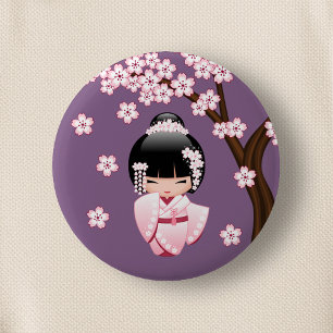 Badge Rond 5 Cm Poupée blanche Kimono Kokeshi - mignonne Geisha Gi