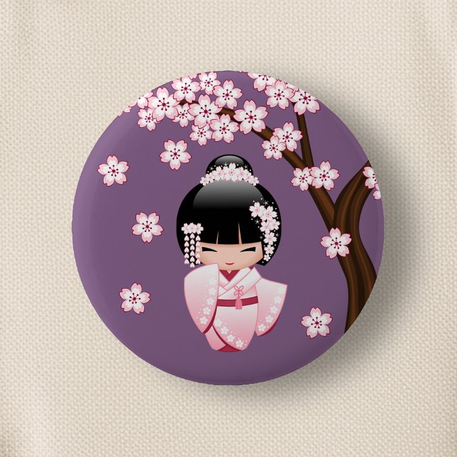 Badge Rond 5 Cm Poupée blanche Kimono Kokeshi - mignonne Geisha Gi (Créateur téléchargé)