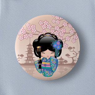 Badge Rond 5 Cm Poupée Keiko Kokeshi - Blue Kimono Geisha Girl