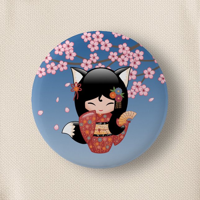 Badge Rond 5 Cm Poupée Kitsune Kokeshi - Black Fox Geisha Girl (Créateur téléchargé)