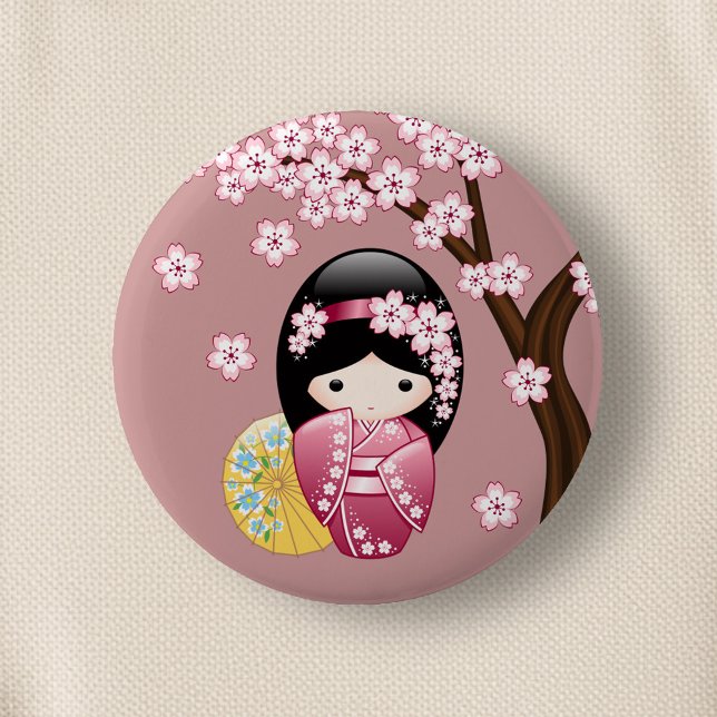 Badge Rond 5 Cm Poupée Kokeshi Printemps - Cute Geisha Japonais en (Créateur téléchargé)