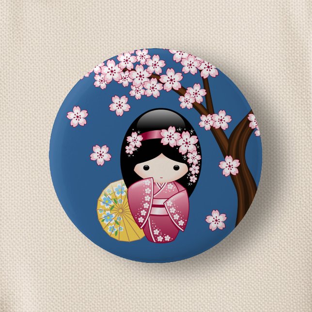 Badge Rond 5 Cm Poupée Kokeshi Printemps - Cute Geisha Japonaise s (Créateur téléchargé)