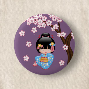 Badge Rond 5 Cm Poupée Maiko Kokeshi - Blue Kimono Geisha Girl