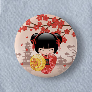 Badge Rond 5 Cm Poupée rouge Sakura Kokeshi - Geisha japonais