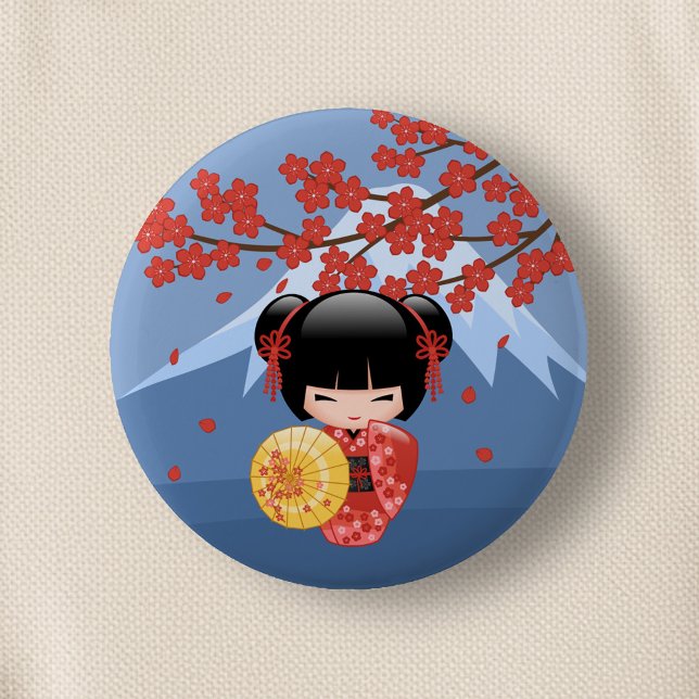 Badge Rond 5 Cm Poupée rouge Sakura Kokeshi - mignonne Geisha Girl (Créateur téléchargé)
