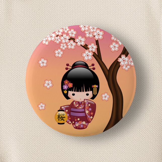 Badge Rond 5 Cm Poupée Sakura Kokeshi - Geisha Girl on Peach (Créateur téléchargé)