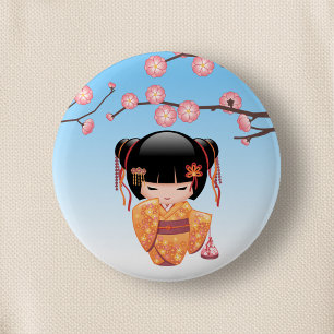 Badge Rond 5 Cm Poupée Ume Kokeshi - Japonaise Geisha Girl Blue