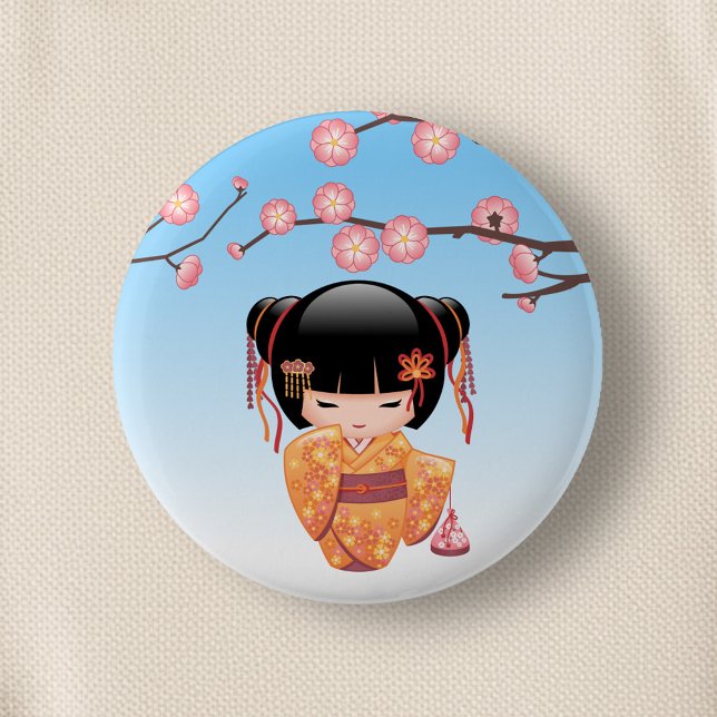 Badge Rond 5 Cm Poupée Ume Kokeshi - Japonaise Geisha Girl Blue (Créateur téléchargé)