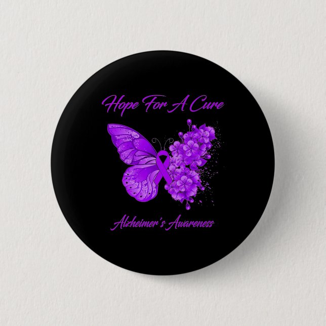 Badge Rond 5 Cm Pour Cure Papillon pourpre Alzheimer Cerveau (Devant)