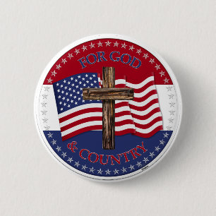 Badge Rond 5 Cm Pour Dieu et pays avec Croix et États-Unis Drapeau