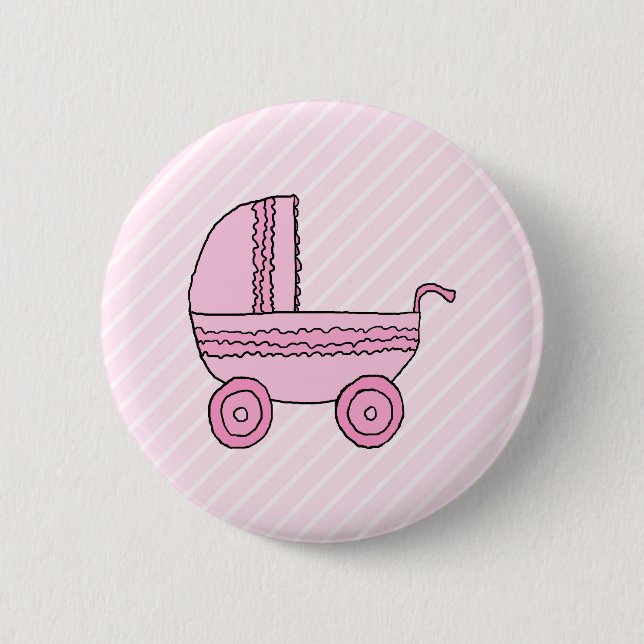 Badge Rond 5 Cm Poussette de bébé. Rose sur les rayures rose-clair (Devant)