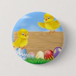 Badge Rond 5 Cm Poussins de Pâques et signe en bois