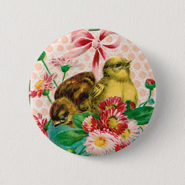 Badge Rond 5 Cm Poussins vintages avec Oeufs de Pâques Salutation  (Devant)