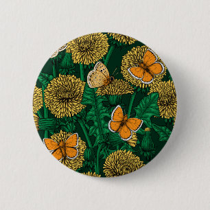 Badge Rond 5 Cm Pré de Dandelion sur vert foncé