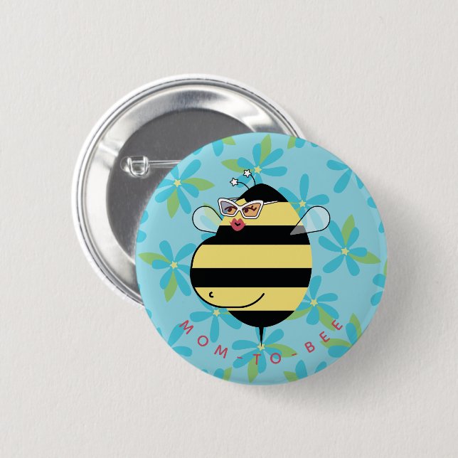 Badge Rond 5 Cm Pregnant Mom-to-Bee with Glasses Teal Blue Floral  (Devant & derrière)