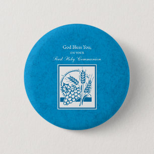 Badge Rond 5 Cm Première communion, Blé, Bleu des raisins