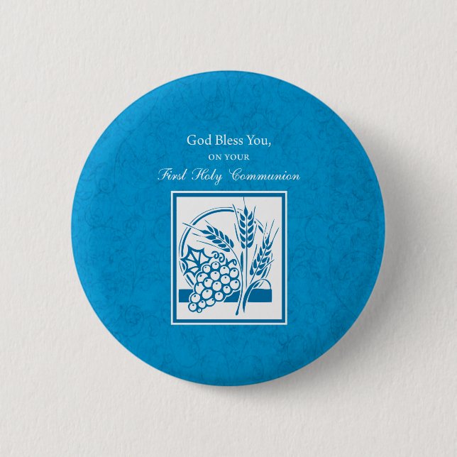Badge Rond 5 Cm Première Communion, Blé, Raisins Bleus (Devant)