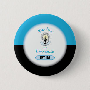 Badge Rond 5 Cm Première communion de Grand-fils, Coupe bleue